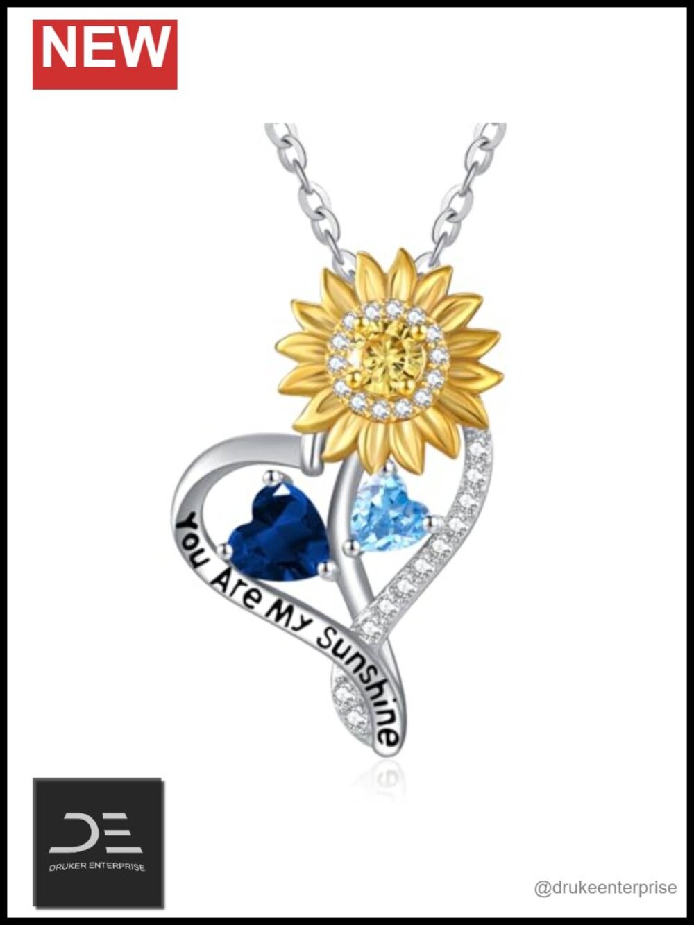 Sterling Silver Sunflower Pendant Necklace with Two Birthstones